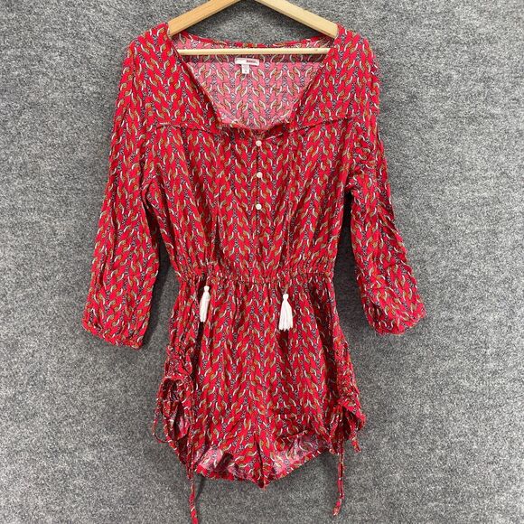 Bongo Jumpsuit Women S Small Red Turtle Print Elastic Waist Tasseled Casual - Picture 1 of 7
